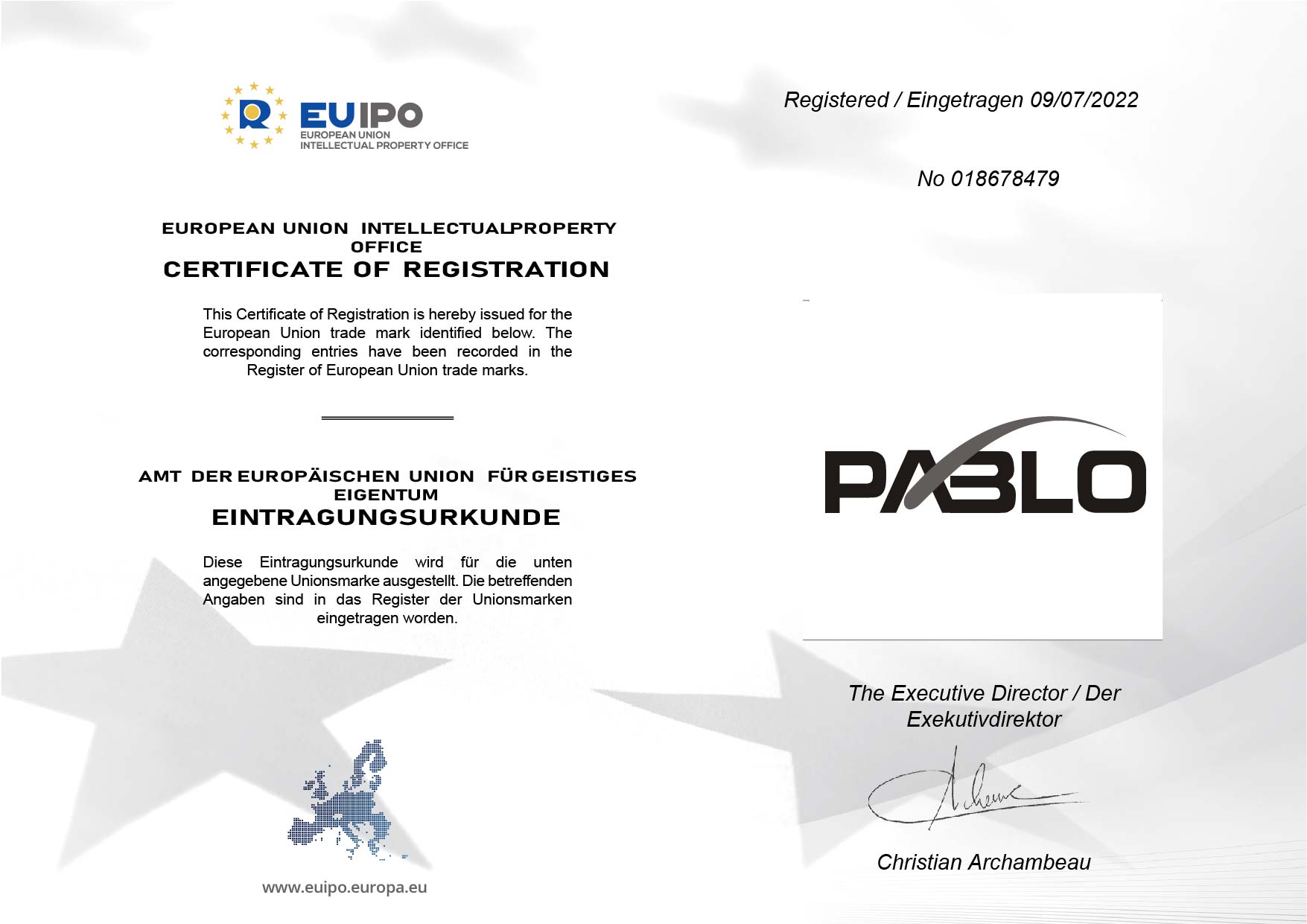 欧盟商标注册证书