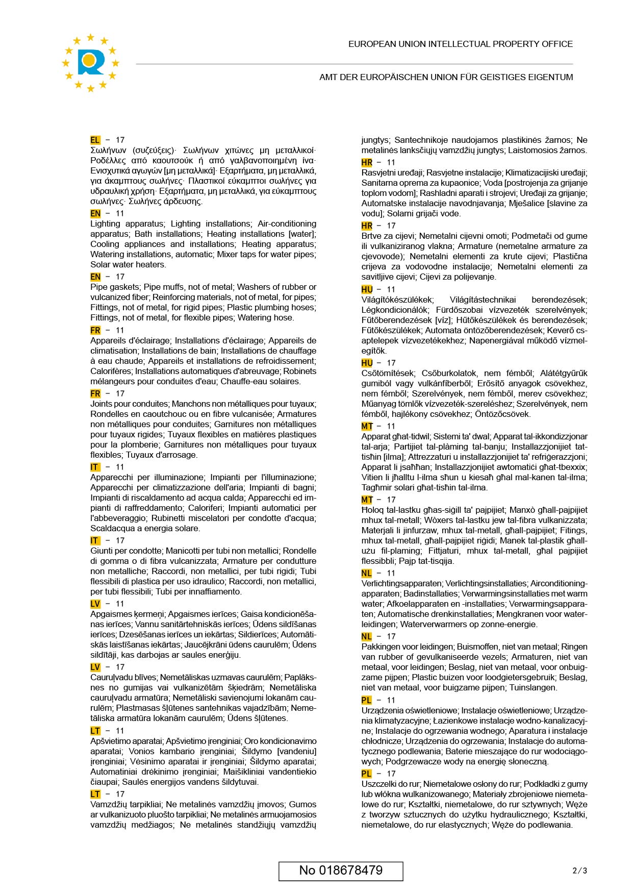 欧盟商标注册证书